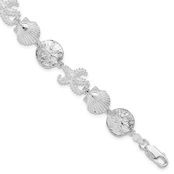 Sterling Silver rhodium plated nautical shell, sanddollar and starfish bracelet with claw catch closure 7.5"