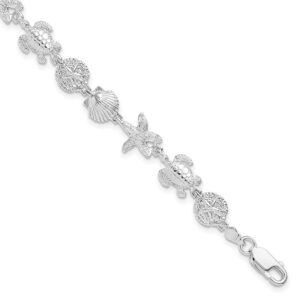 Sterling Silver rhodium plated nautical shell, sanddollar, and turtle bracelet 7.25"