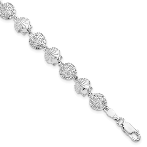 Sterling Silver rhodium plated nautical shell and sanddollar bracelet 7.25"