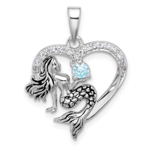 Sterling Silver rhodium plated blue cz mermaid charm on 1.2mm diamond cut cable chain 18" long with claw catch closure