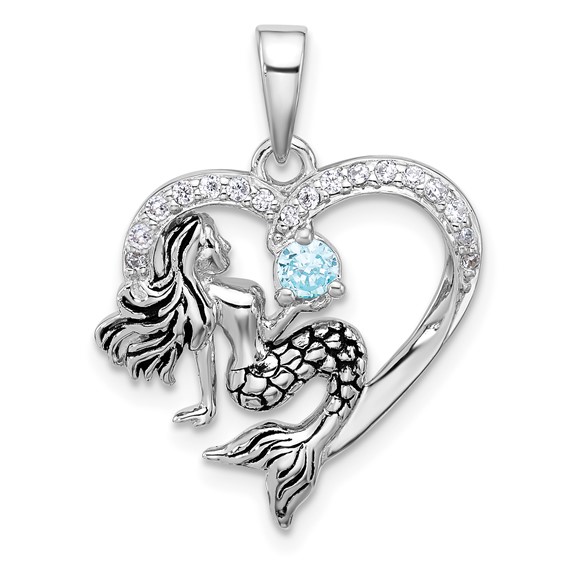 qp .jpg Sterling Silver rhodium plated blue cz mermaid charm on 1.2mm diamond cut cable chain 18" long with claw catch closure