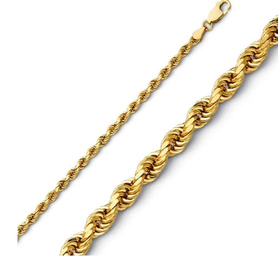 rope.mm 14kt yellow gold diamond cut 2.5mm solid rope chain with claw catch closure 24"