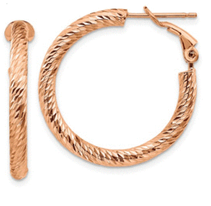 10kt rose gold large diamond cut hoop earring with omega back for safety