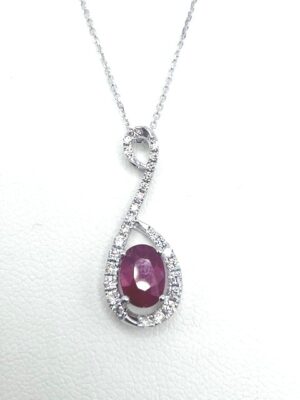 14kt white gold diamond and ruby oval pendant D tw 0.23cts R tw 0.97cts on diamond cut cable 18" SI, I