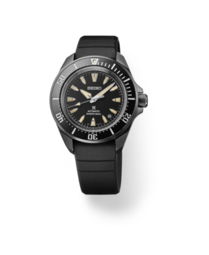 Prospex Automatic Diver stainless steel with black hard coating, paired with a black silicone strap, 23 jewel automatic watch WR 200M