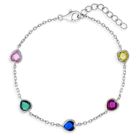Sterling Silver rhodium plated 6"-7" multicolored heart CZ bracelet