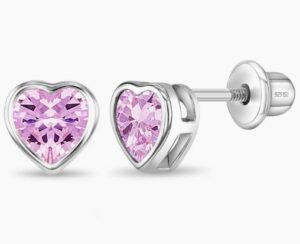 Sterling Silver pink heart 7mm cubic zirconia heart stud earring with screw backs