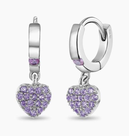ss .jpg Sterling Silver pave puffed purple cz heart huggie hoop earring
