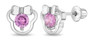 Sterling Silver miss mouse pink cz childs earring with screw backs