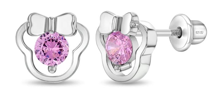 Sterling Silver miss mouse pink cz childs earring with screw backs