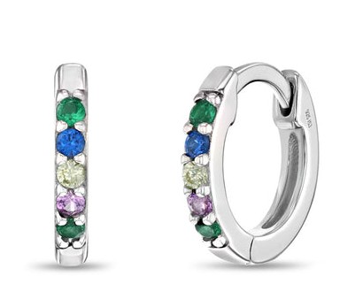 Sterling Silver rhodium plated colorful cubic zirconia huggie hoop earring