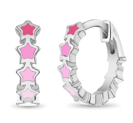 ss Sterling Silver 9mm pink and white enamel star huggie hoop earring