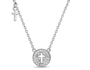 Sterling Silver cubic zirconia pave cross disc childs pendant on adjustable chain