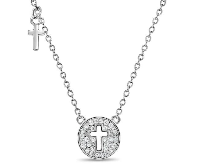 ss .jpg Sterling Silver cubic zirconia pave cross disc childs pendant on adjustable chain