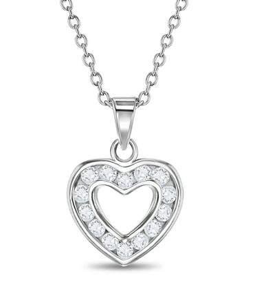 ss Sterling Silver cubic zirconia clear open heart pendant on adjustable chain