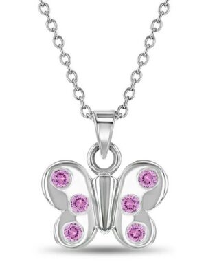 Sterling Silver rhodium plated pink cubic zirconia butterfly neckalce on adjustable chain
