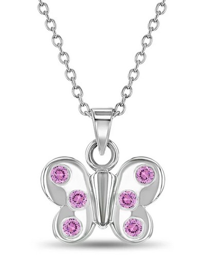Sterling Silver rhodium plated pink cubic zirconia butterfly neckalce on adjustable chain