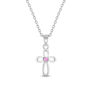 Sterling Silver pink enamel heart cross pendant on adjustable chain