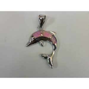 Sterling Silver Rhodium Plated Created Pink Opal Dolphin Pendant On 1.2mm Diamond Cut Link Chain 18"