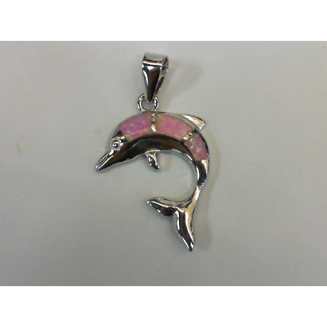 ssP opd .jpg Sterling Silver Rhodium Plated Created Pink Opal Dolphin Pendant On 1.2mm Diamond Cut Link Chain 18"