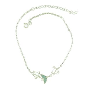 Sterling Silver rhodium plated genuine larimar whale tail and turtle ankle bracelet 9" with 2" extender