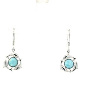 Sterling Silver rhodium plated genuine larimar jump dolphin dangle earrings on fish hook