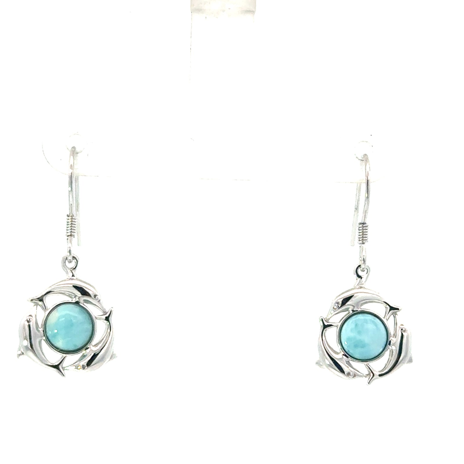 Sterling Silver rhodium plated genuine larimar jump dolphin dangle earrings on fish hook
