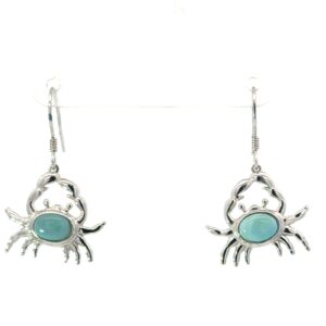 Sterling Silver rhodium plated genuine larimar dangle crab earrings on fish hooks