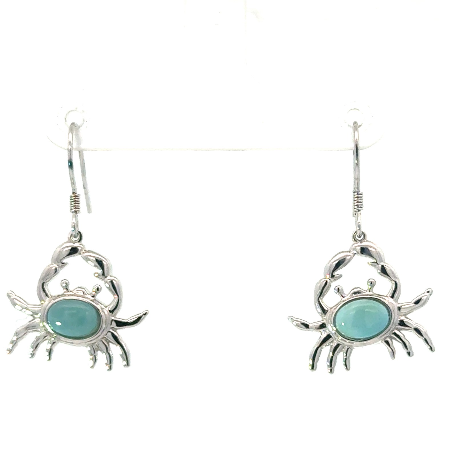 Sterling Silver rhodium plated genuine larimar dangle crab earrings on fish hooks