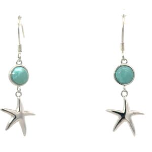 Sterling Silver genuine larimar dangle starfish earrings on fish hook