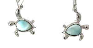 Sterling Silver rhodium plated genuine larimar dangle turtle earrings on fish hooks
