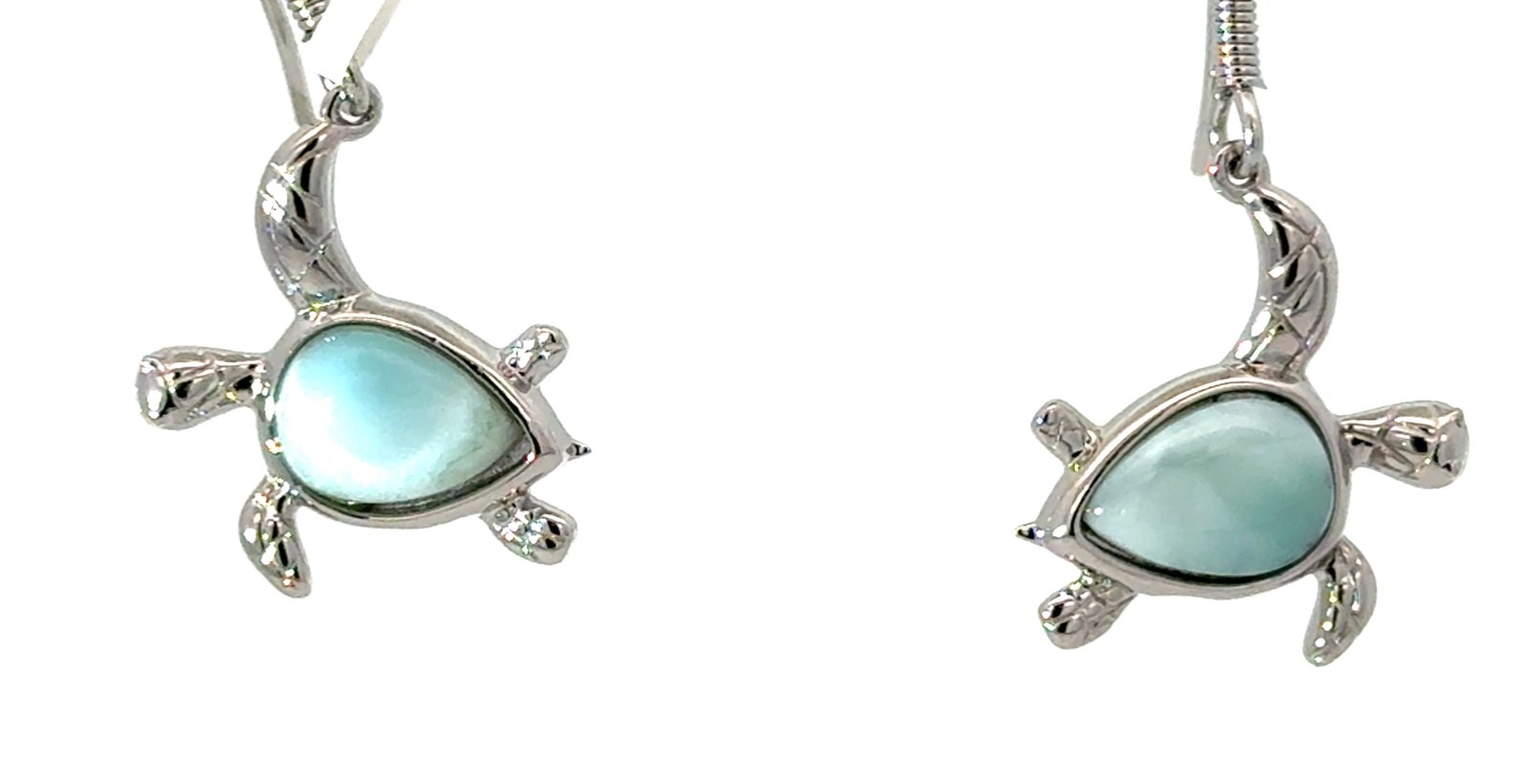 Sterling Silver rhodium plated genuine larimar dangle turtle earrings on fish hooks