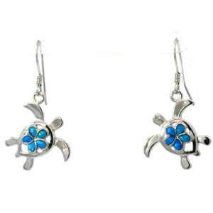 Sterling Silver rhodium plated dangle created blue opal turtle flower earring