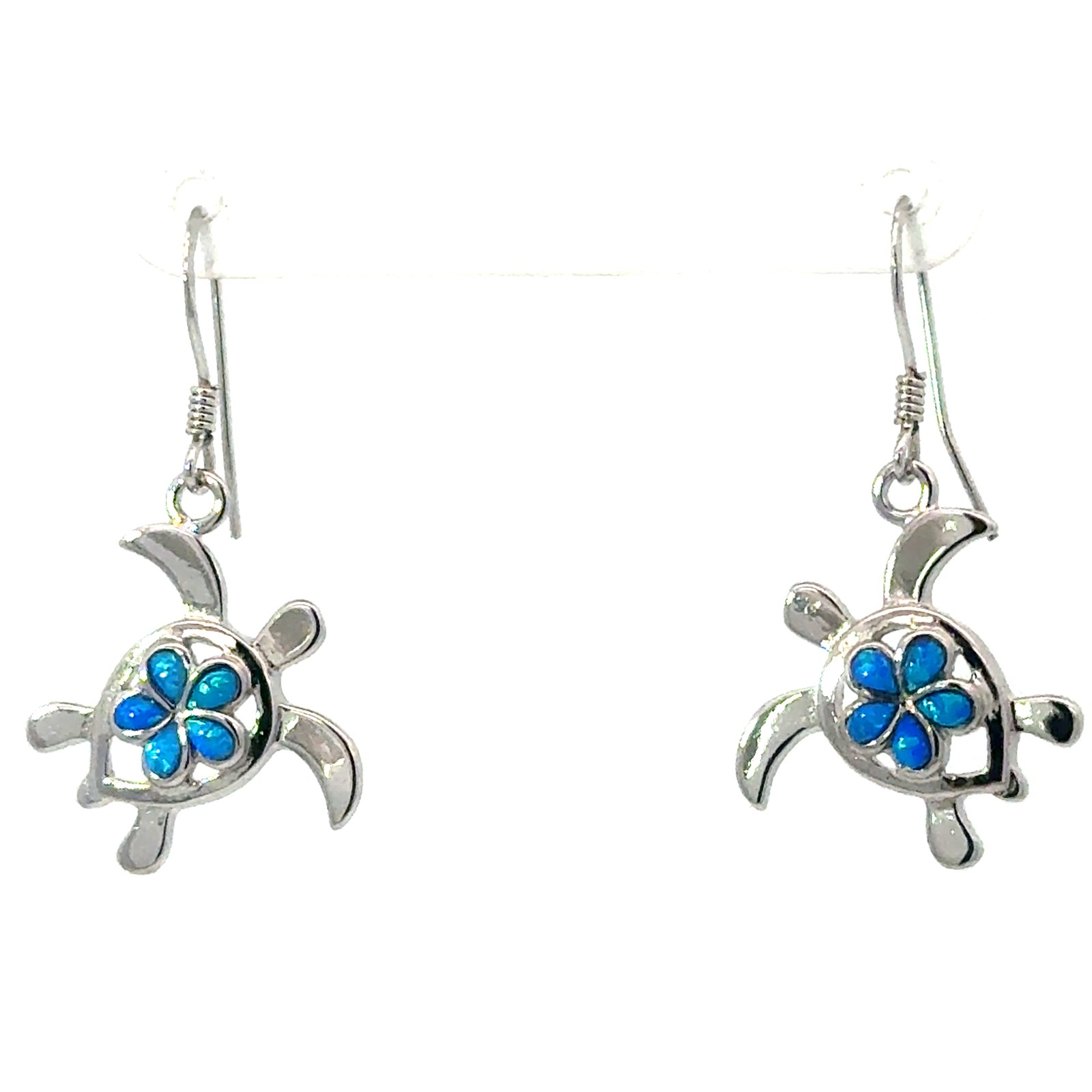 Sterling Silver rhodium plated dangle created blue opal turtle flower earring