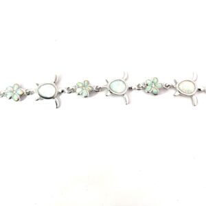 Sterling Silver created white opal inlay turtle and flower bracelet