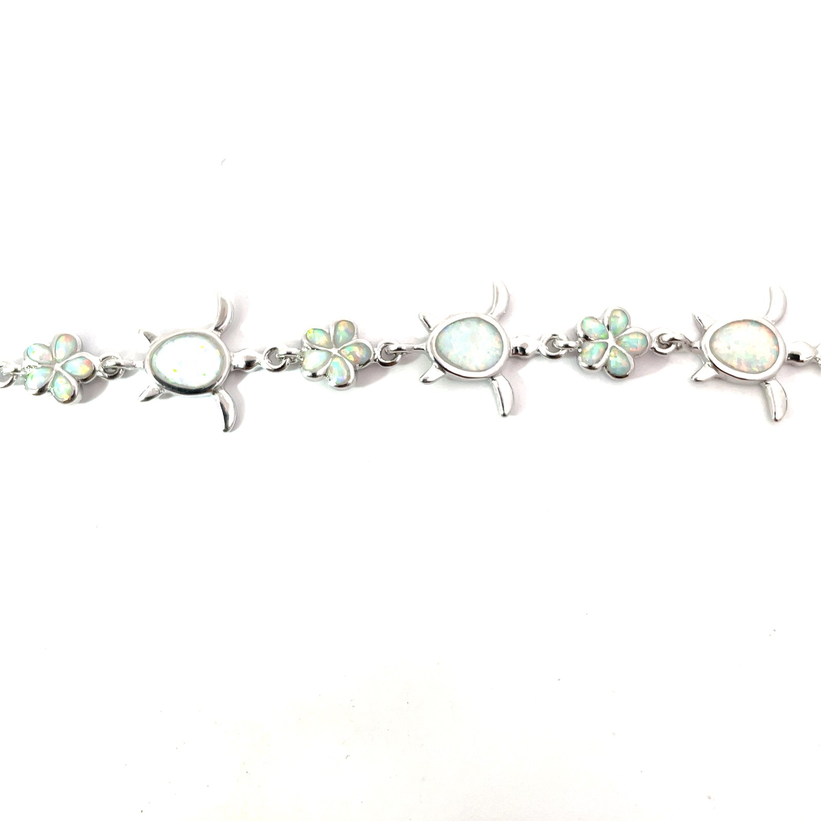 sse owft .jpg Sterling Silver created white opal inlay turtle and flower bracelet