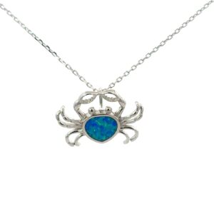 Sterling Silver rhodium plated created blue opal crab pendant on 1.2mm diamond cut cable chain 18"