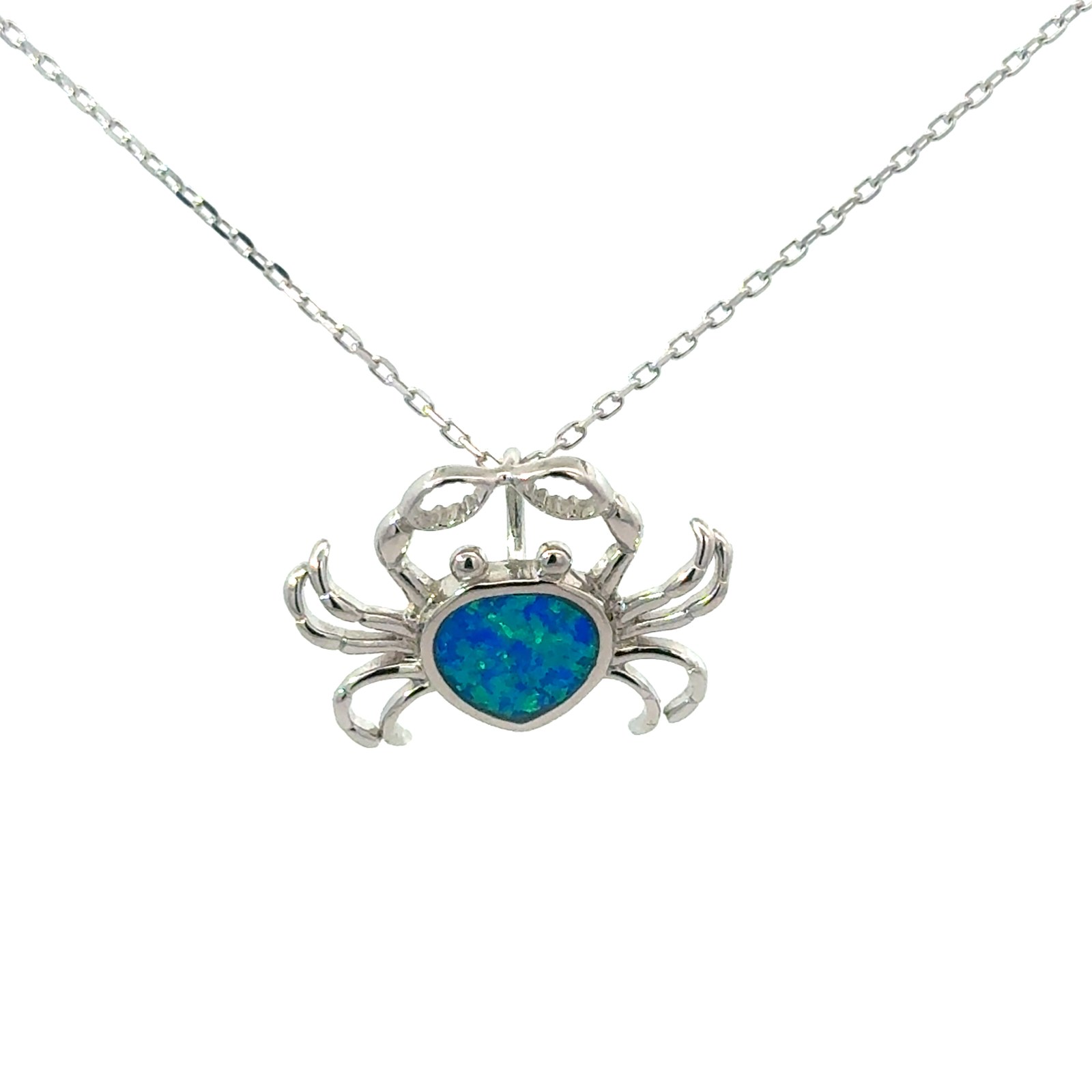 Sterling Silver rhodium plated created blue opal crab pendant on 1.2mm diamond cut cable chain 18"