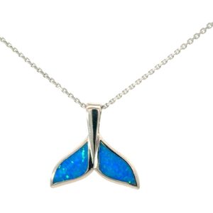 Sterling Silver rhodium plated created blue opal dolphin tail pendant on 1.4mm diamond cut cable chain 18"