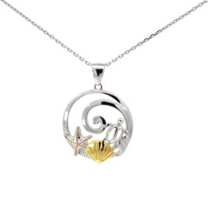 Sterling Silver tri colored nautical turtle circle pendant on diamond cut cable chain 18"