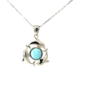 Sterling Silver rhodium plated rhodium plated genuine larimar jump circle dolphin pendant on 1.2mm diamond cut cable chain 18"
