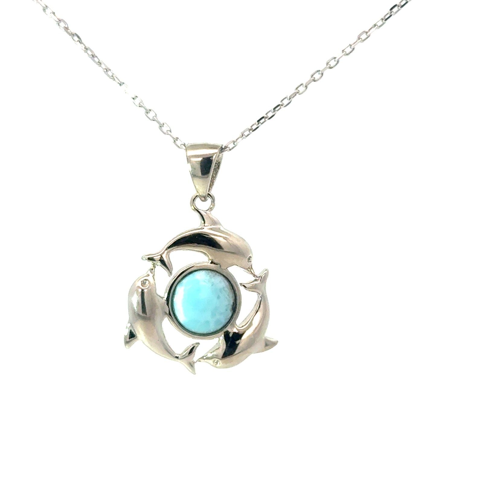 Sterling Silver rhodium plated rhodium plated genuine larimar jump circle dolphin pendant on 1.2mm diamond cut cable chain 18"