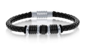 Stainless Steel and black with genuine black leather bracelet