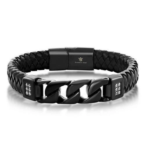 st v.webp Black Stainless Steel Cubic Zirconia Leather Bracelet