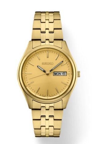 Seiko Stainless steel with gold tone finish 36.9mm champagne sunray dial with day/date wr100m