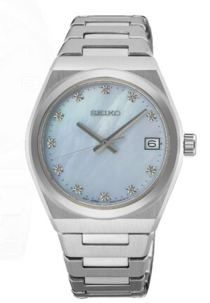 Ladies Seiko 34mm mother of pearl diamond dial with date, WR 10 bar bracelet watch