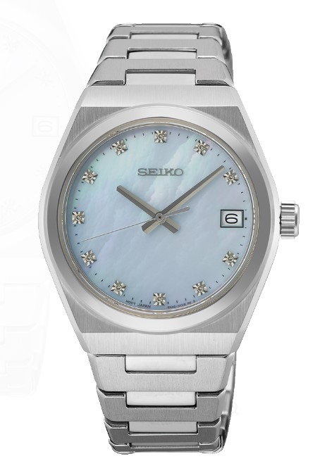Ladies Seiko 34mm mother of pearl diamond dial with date, WR 10 bar bracelet watch