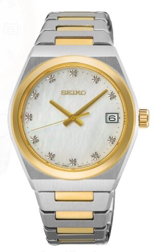 Ladies Seiko stainless steel two tone mother of pearl diamond dial with date, WR 10 bar, bracelet watch
