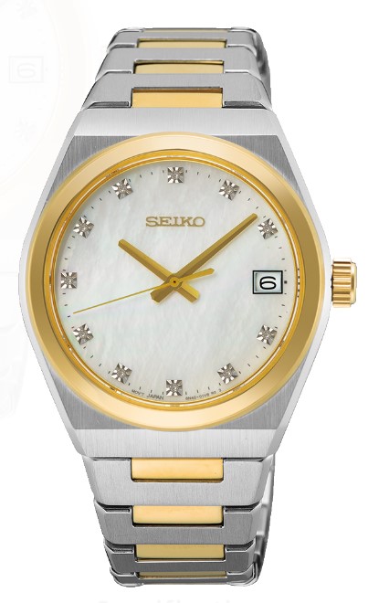 Ladies Seiko stainless steel two tone mother of pearl diamond dial with date, WR 10 bar, bracelet watch