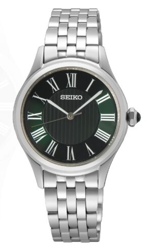 Seiko stainless steel Essentials Green dial with roman numberals bracelet watch